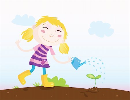 rain little girl - Girl is watering plant. Vector Illustration. Photographie de stock - Aubaine LD & Abonnement, Code: 400-04607400