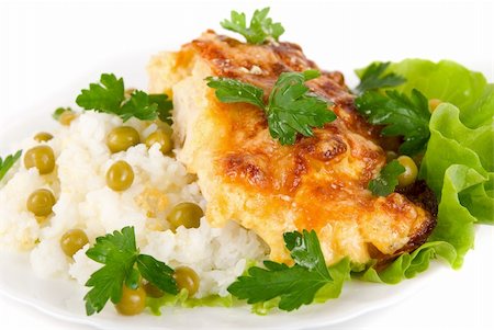 simsearch:400-04613511,k - Close up of Tasty Chicken baked with pineapple and cheese dish with rice vegetables garnish Fotografie stock - Microstock e Abbonamento, Codice: 400-04607811