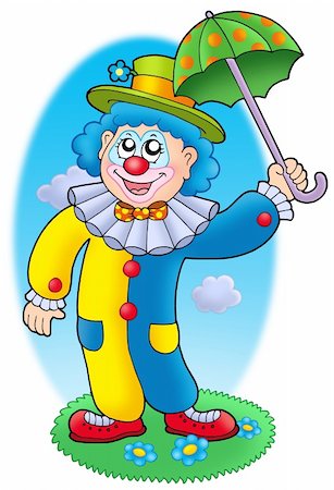 simsearch:400-04236834,k - Cartoon clown holding umbrella - color illustration. Foto de stock - Royalty-Free Super Valor e Assinatura, Número: 400-04608148
