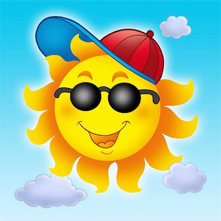 sun and fun cartoon - Cartoon Sun in cap on blue sky - color illustration. Stock Photo - Budget Royalty-Free & Subscription, Code: 400-04608149