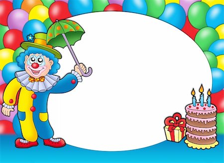 painted happy flowers - Round frame with clown and balloons - color illustration. Stock Photo - Budget Royalty-Free & Subscription, Code: 400-04608156