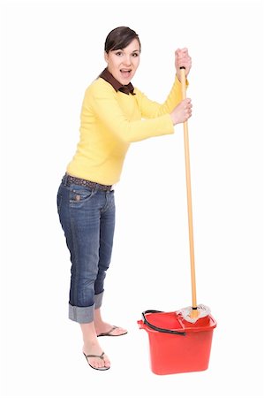 picture of a lady sweeping the floor - brunette woman doing house work . isolated on white background Stock Photo - Budget Royalty-Free & Subscription, Code: 400-04608705