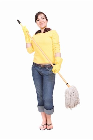 picture of a lady sweeping the floor - brunette woman doing house work . isolated on white background Stock Photo - Budget Royalty-Free & Subscription, Code: 400-04608706