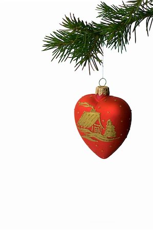 round ornament hanging of a tree - Isolated christmas-tree decoration - red heart Stock Photo - Budget Royalty-Free & Subscription, Code: 400-04608899