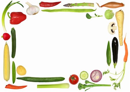 runner bean - Vegetable selection forming an abstract border over white background. Foto de stock - Super Valor sin royalties y Suscripción, Código: 400-04600366