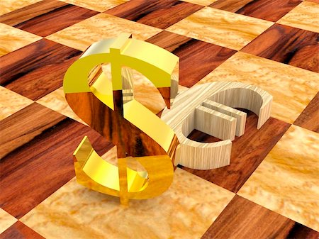 simsearch:400-04600380,k - 3D golden dollar symbol near fallen wooden euro Stock Photo - Budget Royalty-Free & Subscription, Code: 400-04600381