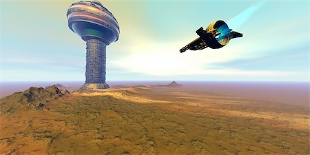 simsearch:400-08500641,k - A spacecraft nears a space port on another planet. Stock Photo - Budget Royalty-Free & Subscription, Code: 400-04600454