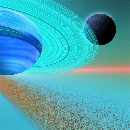 planets in another star system - Cosmic image of a ringed planet and its moon. Stock Photo - Budget Royalty-Free & Subscription, Code: 400-04600573