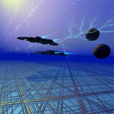 simsearch:400-04609450,k - Two spacecraft fly along a electrified grid on a nearby world. Stock Photo - Budget Royalty-Free & Subscription, Code: 400-04601000