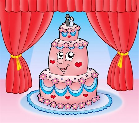 simsearch:400-04741437,k - Cartoon wedding cake with curtains - color illustration. Stock Photo - Budget Royalty-Free & Subscription, Code: 400-04601111