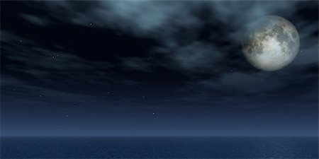 dark moon with clouds - full moon and stars over the ocean - 3d illustration Stock Photo - Budget Royalty-Free & Subscription, Code: 400-04601207