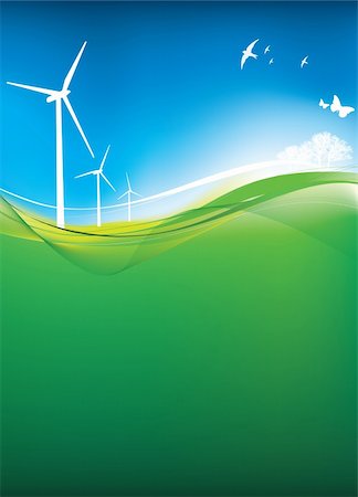 propeller birds - Illustration of  a green eco landscape with wind turbines Stock Photo - Budget Royalty-Free & Subscription, Code: 400-04601424