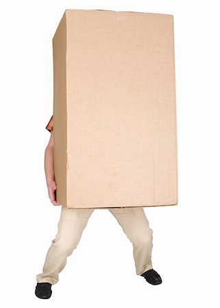 Man holding very heavy brown cardboard box on white Stock Photo - Budget Royalty-Free & Subscription, Code: 400-04601628
