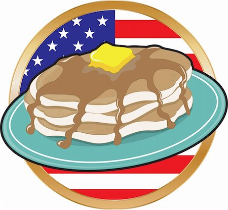 A stack of pancakes with syrup and butter and the American flag in the background Stock Photo - Budget Royalty-Free & Subscription, Code: 400-04602223