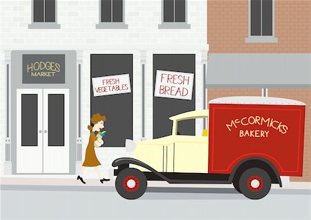 delivering groceries - Illlustration of a 1940's grocery store scene. Stock Photo - Budget Royalty-Free & Subscription, Code: 400-04602670