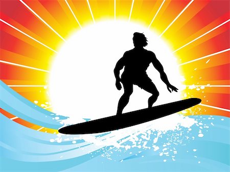 vector illustration of trendy surfer against sunset ocean background Photographie de stock - Aubaine LD & Abonnement, Code: 400-04603225