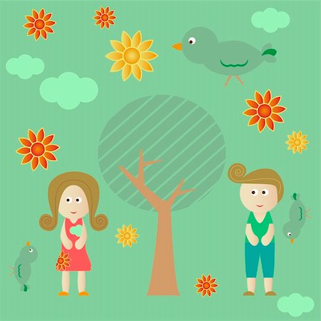 Retro style couple background with tree, sun, clouds, flowers and birds Stock Photo - Budget Royalty-Free & Subscription, Code: 400-04603446