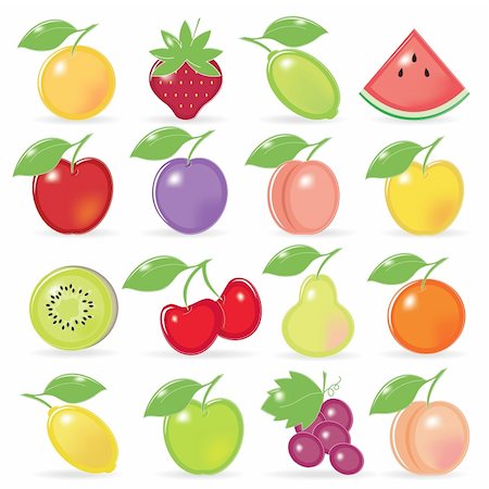 Retro-stylized fruit icons with reflection and shadow Stock Photo - Budget Royalty-Free & Subscription, Code: 400-04603795