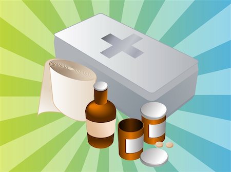First aid kit and its contents including pills and bandages, illustration Stock Photo - Budget Royalty-Free & Subscription, Code: 400-04614050