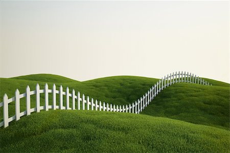 3d rendering of a grass field with a white picket fence Stockbilder - Microstock & Abonnement, Bildnummer: 400-04614182