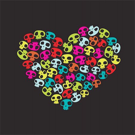 Heart shape made of small colorful funny skulls on black background. Vector illustration Stock Photo - Budget Royalty-Free & Subscription, Code: 400-04617062