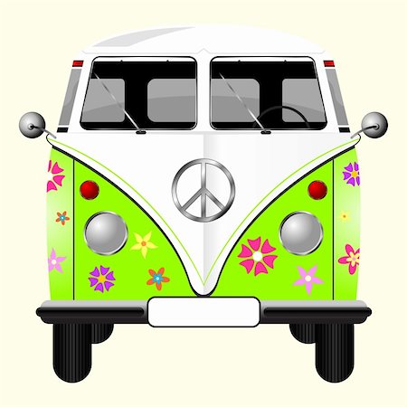 retro car green - Flowered hippie van isolated over pale yellow background Stock Photo - Budget Royalty-Free & Subscription, Code: 400-04617927