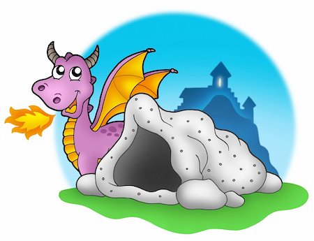 simsearch:400-05673575,k - Purple dragon with cave - color illustration. Stockbilder - Microstock & Abonnement, Bildnummer: 400-04618541