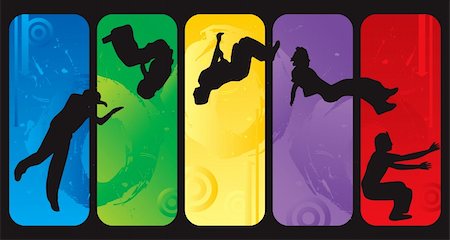 extreme sport clipart - Jumping silhouettes on an abstract grunge background Stock Photo - Budget Royalty-Free & Subscription, Code: 400-04618858