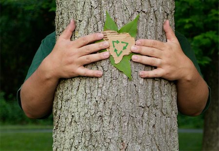 Person wrapping their arms around a tree holding a leaf and a recycling symbol on recycled cardboard Photographie de stock - Aubaine LD & Abonnement, Code: 400-04619854