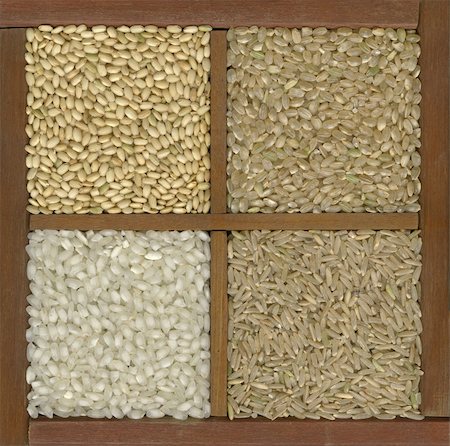 four rice grains in a primitive wooden box or drawer with dividers - left bottom white arborio (risotto) and, clockwise, three brown varieties: sweet (sushi), short, long grain Photographie de stock - Aubaine LD & Abonnement, Code: 400-04610088