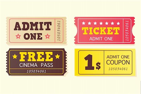 On movie or to Theatre? Use my tickets! In 4 different variants. Vector Illustration. Foto de stock - Super Valor sin royalties y Suscripción, Código: 400-04610369