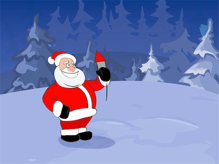 firecracker rocket - Illustration. Funny Santa Claus with skyrocket in his hand. Winter background. Stock Photo - Budget Royalty-Free & Subscription, Code: 400-04612084