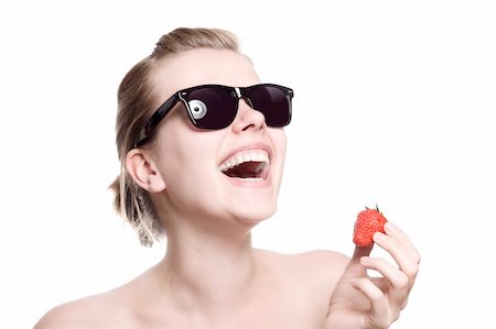 simsearch:400-06177351,k - beautiful blonde girl with sunglasses laughing at a strawberry Stock Photo - Budget Royalty-Free & Subscription, Code: 400-04612583