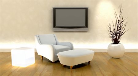 elegant tv room - 3d render of sofa and television on the wall Stock Photo - Budget Royalty-Free & Subscription, Code: 400-04612930