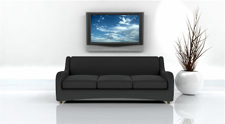 elegant tv room - 3d render of sofa and television on the wall Foto de stock - Super Valor sin royalties y Suscripción, Código: 400-04612940