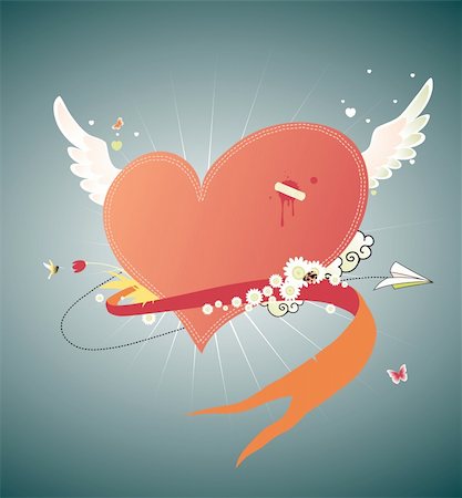 simsearch:400-05885929,k - Vector illustration of Cool funky red heart flying in the sky. Great for Valentine?s Day and wedding postcards Foto de stock - Super Valor sin royalties y Suscripción, Código: 400-04624087