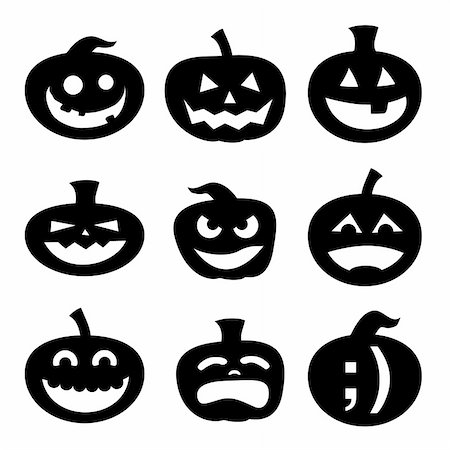simsearch:400-04228432,k - Halloween decoration Jack-o-Lantern silhouette set. Carved pumpkin designs with different facial expressions, from silly to happy to scary. Foto de stock - Royalty-Free Super Valor e Assinatura, Número: 400-04624684