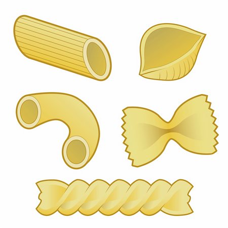 Stylized vector illustration of various pasta types used in italian cuisine, including macaroni, rigatoni, penne, shells, rotini, and farfalle (bowtie). Foto de stock - Super Valor sin royalties y Suscripción, Código: 400-04624687