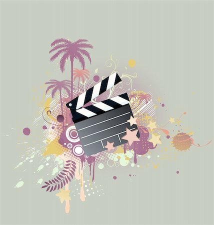 A vector illustration of decorative background with palm trees, grunge circles and movie clapper board Stock Photo - Budget Royalty-Free & Subscription, Code: 400-04625624