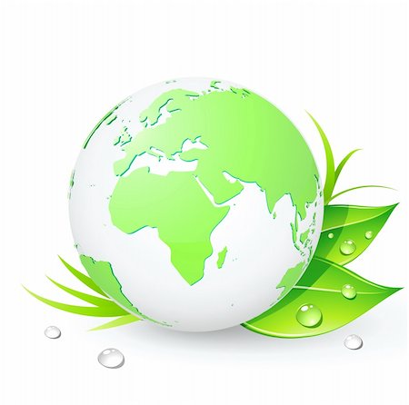 simsearch:400-08412015,k - Vector illustration of Green Earth planet (showing Europe and Africa) with leaves and water drops Foto de stock - Super Valor sin royalties y Suscripción, Código: 400-04625851