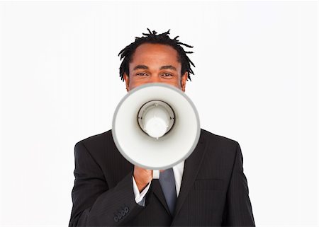 simsearch:400-04126489,k - Afro-american businessman making announcemnt through megaphone Stock Photo - Budget Royalty-Free & Subscription, Code: 400-04625994