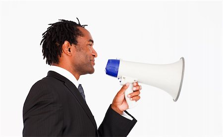 simsearch:400-04126489,k - Afro-american businessman making announcemnt through megaphone Stock Photo - Budget Royalty-Free & Subscription, Code: 400-04625995