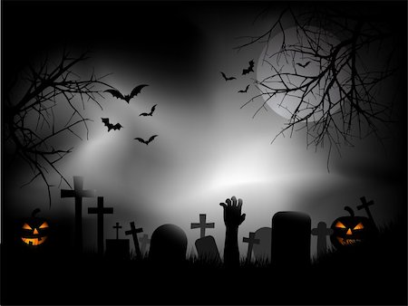 Spooky graveyard with zombie hand coming out of the ground Stock Photo - Budget Royalty-Free & Subscription, Code: 400-04626326