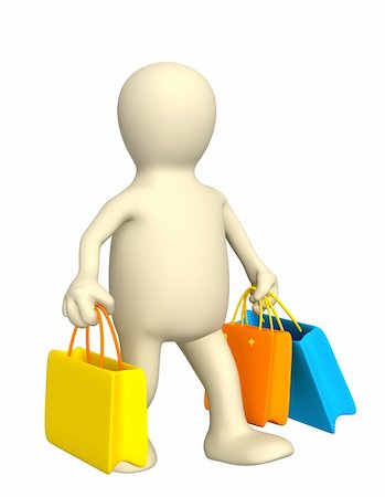 shopaholic (male) - 3d puppet, carrying packages with purchases - over white Stock Photo - Budget Royalty-Free & Subscription, Code: 400-04626367
