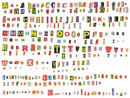 Alphabet newspaper uppercase, lowercase, numbers and symbols cutouts isolated on white. Mix and match to make your own words Stock Photo - Budget Royalty-Free & Subscription, Code: 400-04626438