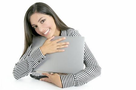 simsearch:400-04123668,k - Brunette woman hug laptop computer, she love her work Stock Photo - Budget Royalty-Free & Subscription, Code: 400-04627005