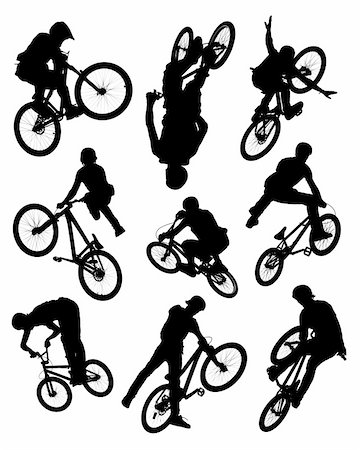 simsearch:400-07952901,k - Series of silhouette photographs of bikers doing stunts.  Some motion blur is visible on the wheels and spokes. Foto de stock - Super Valor sin royalties y Suscripción, Código: 400-04627265