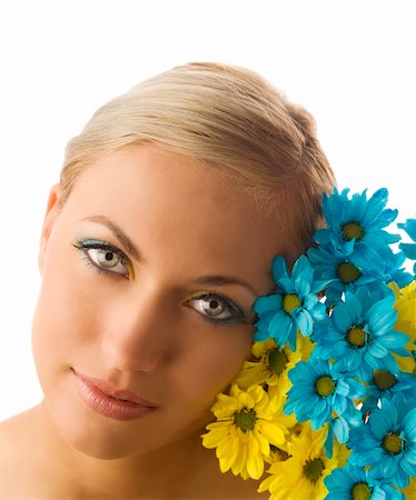 simsearch:400-06096871,k - nice beauty portrait of pretty blond girl with blue and yellow daisy and colored makeup Stock Photo - Budget Royalty-Free & Subscription, Code: 400-04627652