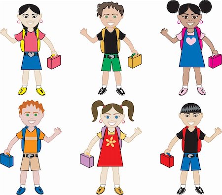 Kids going back to school with backpacks and lunchboxes. Stock Photo - Budget Royalty-Free & Subscription, Code: 400-04628313