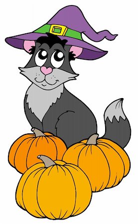 simsearch:400-08409193,k - Cat with hat and pumpkins - vector illustration. Fotografie stock - Microstock e Abbonamento, Codice: 400-04628758